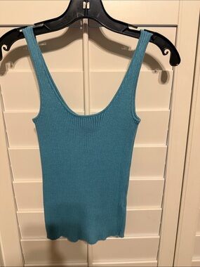 Monrow Teal Ribbed Scoop Tank Top
